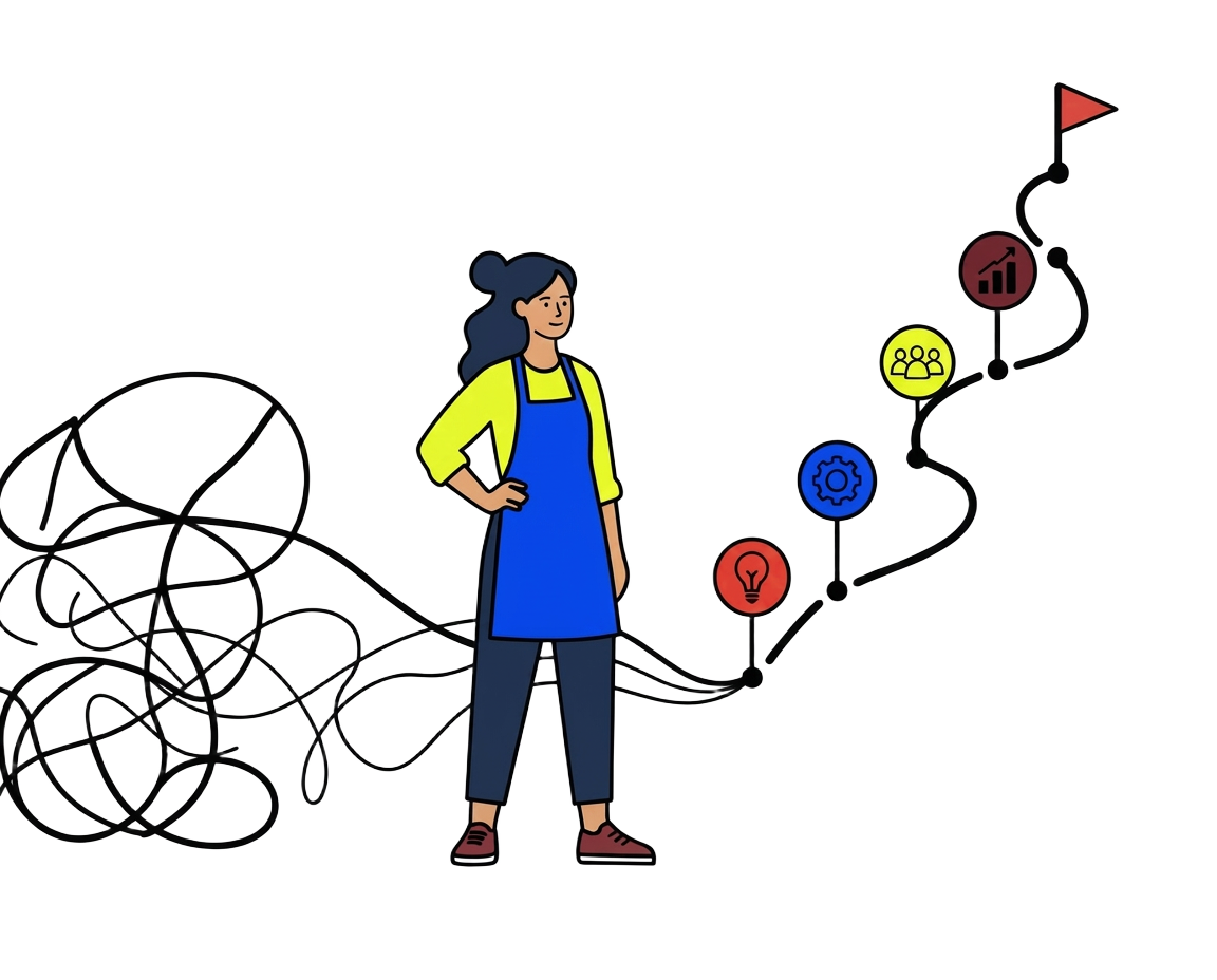 Ilustração de uma empreendedora transformando confusão em um caminho claro